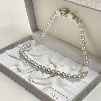 Akoya pearl necklace with natural blue gray pearls sized 8.1 to 8.7mm and silver clasp on 47cm chain
