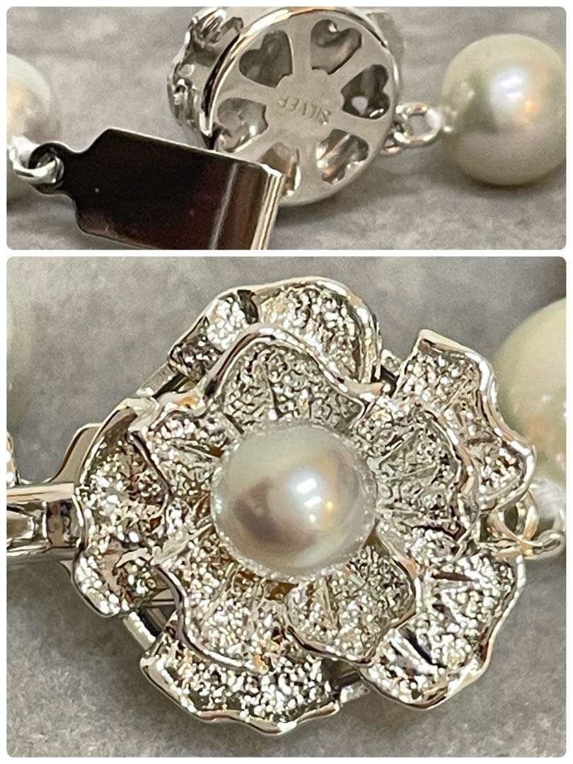 Akoya pearl necklace with natural blue gray pearls sized 8.1 to 8.7mm and silver clasp on 47cm chain
