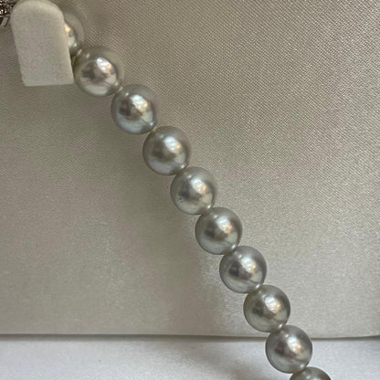Akoya pearl necklace with natural blue gray pearls sized 8.1 to 8.7mm and silver clasp on 47cm chain