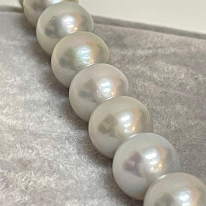 Akoya pearl necklace with natural blue gray pearls sized 8.1 to 8.7mm and silver clasp on 47cm chain