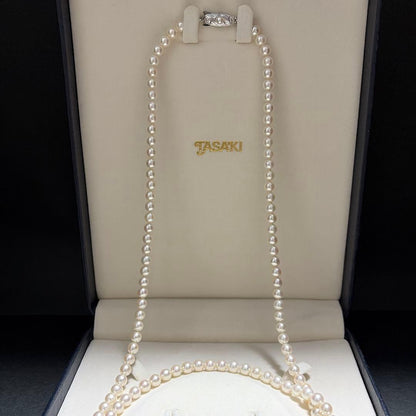 TASAKI Akoya pearl long necklace featuring 6.0mm pearls with strong luster on a 96cm strand