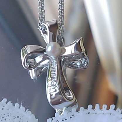 MIKIMOTO Silver Pearl Cross Necklace with 40 cm chain displayed on white background