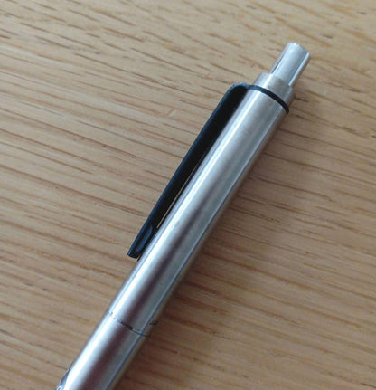 Pilot knock type ballpoint pen with silver metal shaft and black fine point ink