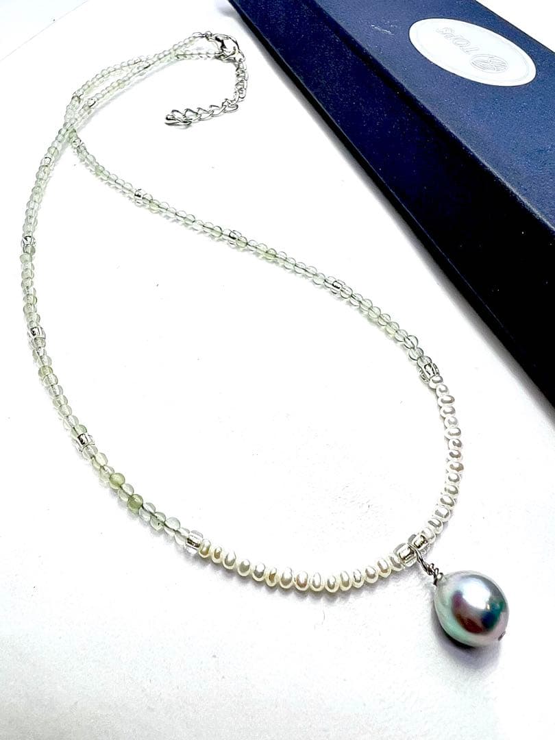 Akoya pearl necklace featuring natural blue pearl and prehnite stones on adjustable 40-45cm chain