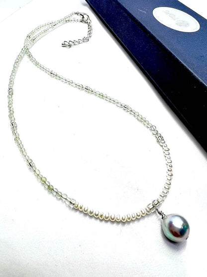 Akoya pearl necklace featuring natural blue pearl and prehnite stones on adjustable 40-45cm chain