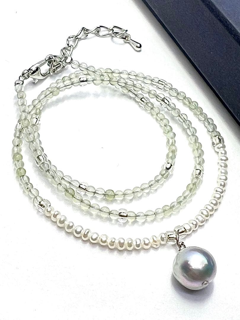 Akoya pearl necklace featuring natural blue pearl and prehnite stones on adjustable 40-45cm chain