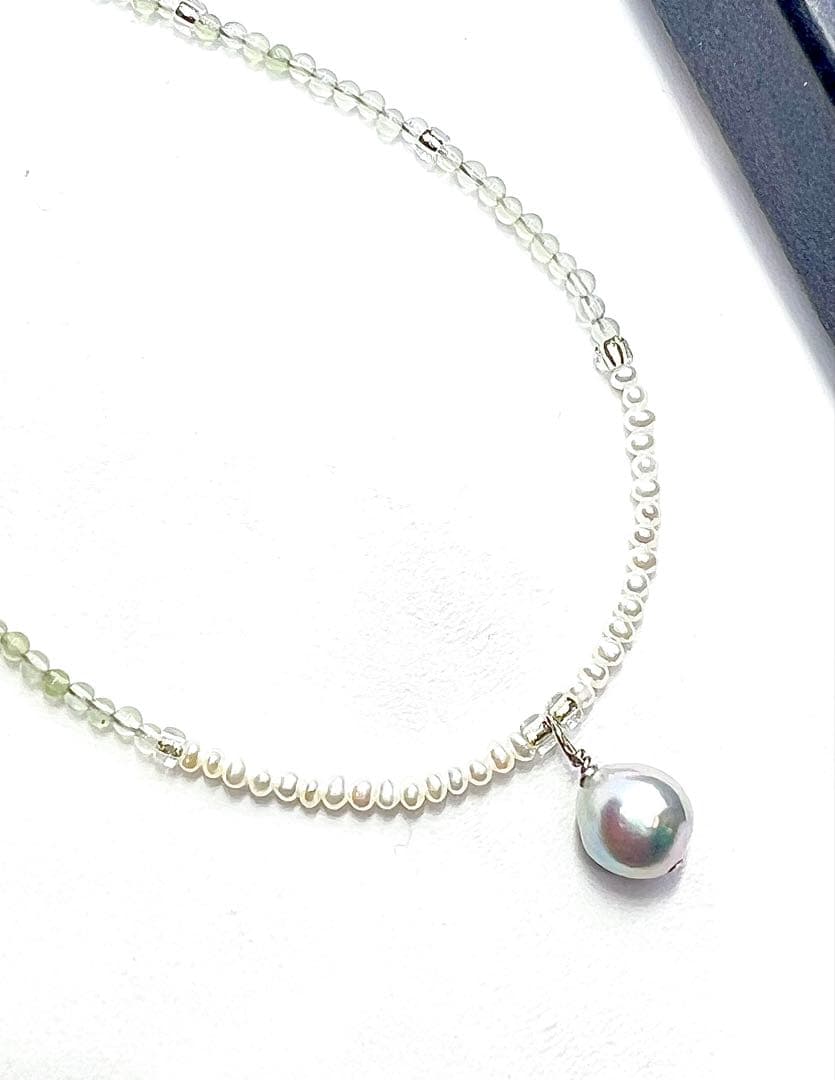 Akoya pearl necklace featuring natural blue pearl and prehnite stones on adjustable 40-45cm chain