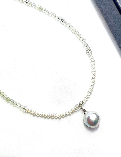 Akoya pearl necklace featuring natural blue pearl and prehnite stones on adjustable 40-45cm chain