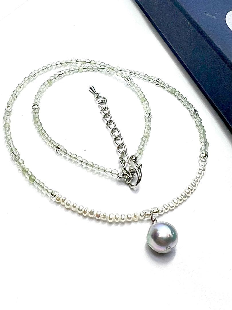 Akoya pearl necklace featuring natural blue pearl and prehnite stones on adjustable 40-45cm chain