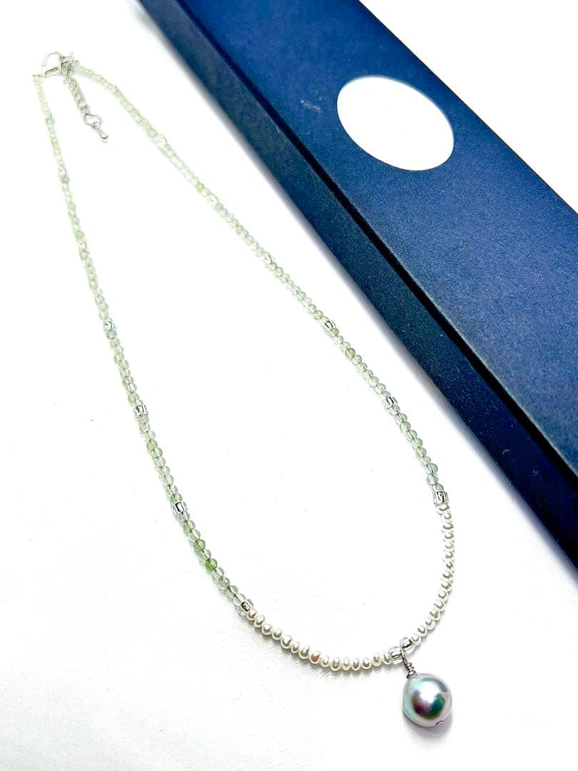 Akoya pearl necklace featuring natural blue pearl and prehnite stones on adjustable 40-45cm chain