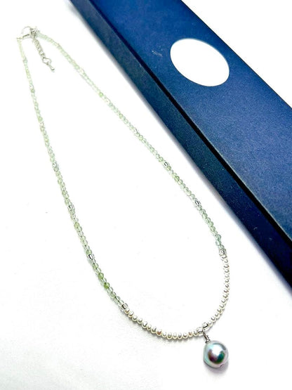 Akoya pearl necklace featuring natural blue pearl and prehnite stones on adjustable 40-45cm chain