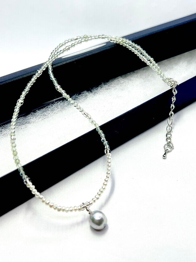 Akoya pearl necklace featuring natural blue pearl and prehnite stones on adjustable 40-45cm chain