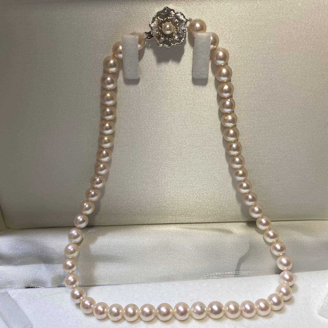 Seto Inland Sea Akoya pearl necklace with over 50 pearls, 7.8mm diameter, 43cm length, and silver clasp