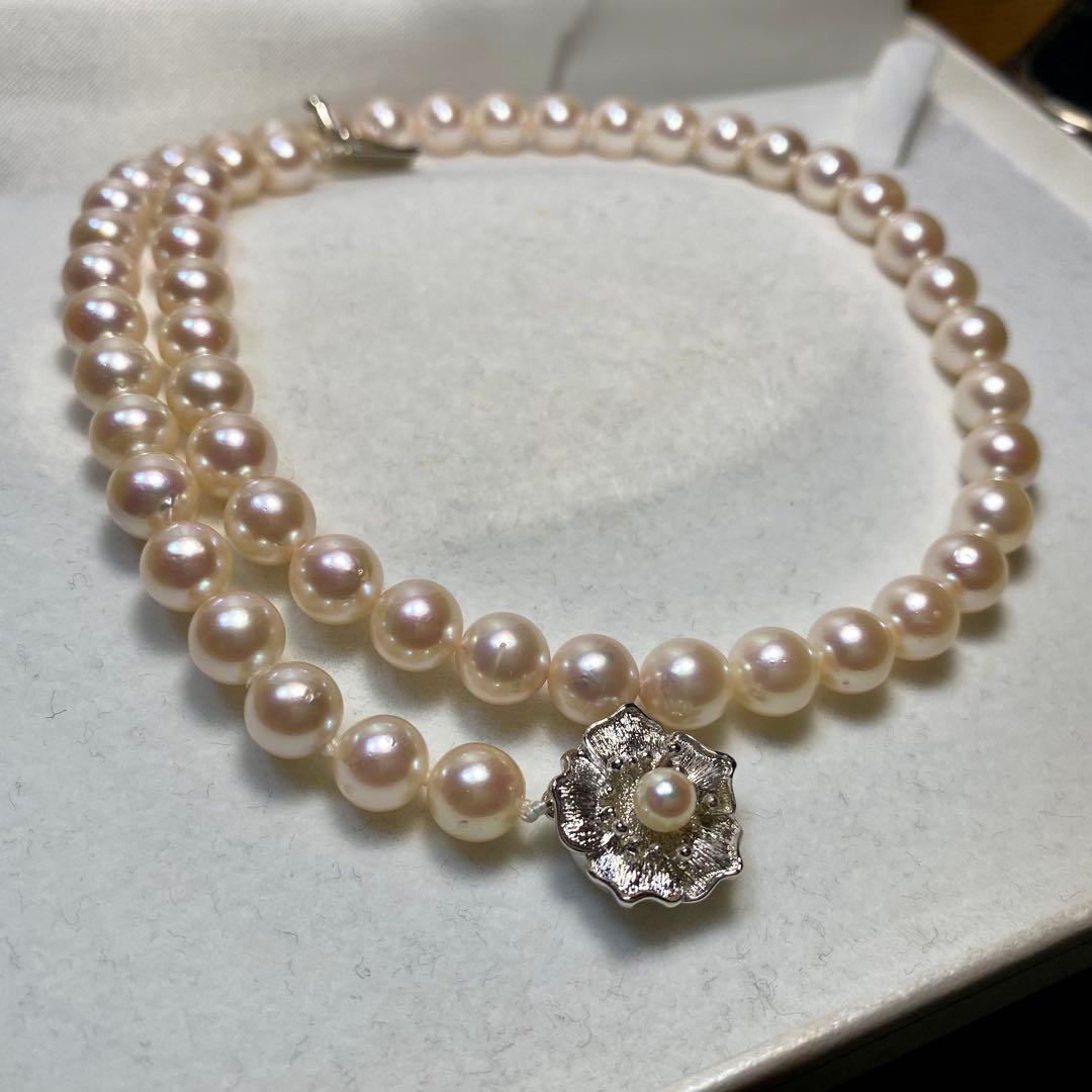 Seto Inland Sea Akoya pearl necklace with over 50 pearls, 7.8mm diameter, 43cm length, and silver clasp
