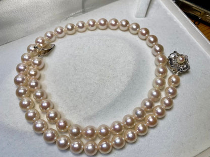Seto Inland Sea Akoya pearl necklace with over 50 pearls, 7.8mm diameter, 43cm length, and silver clasp