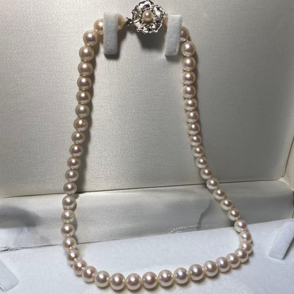 Seto Inland Sea Akoya pearl necklace with over 50 pearls, 7.8mm diameter, 43cm length, and silver clasp