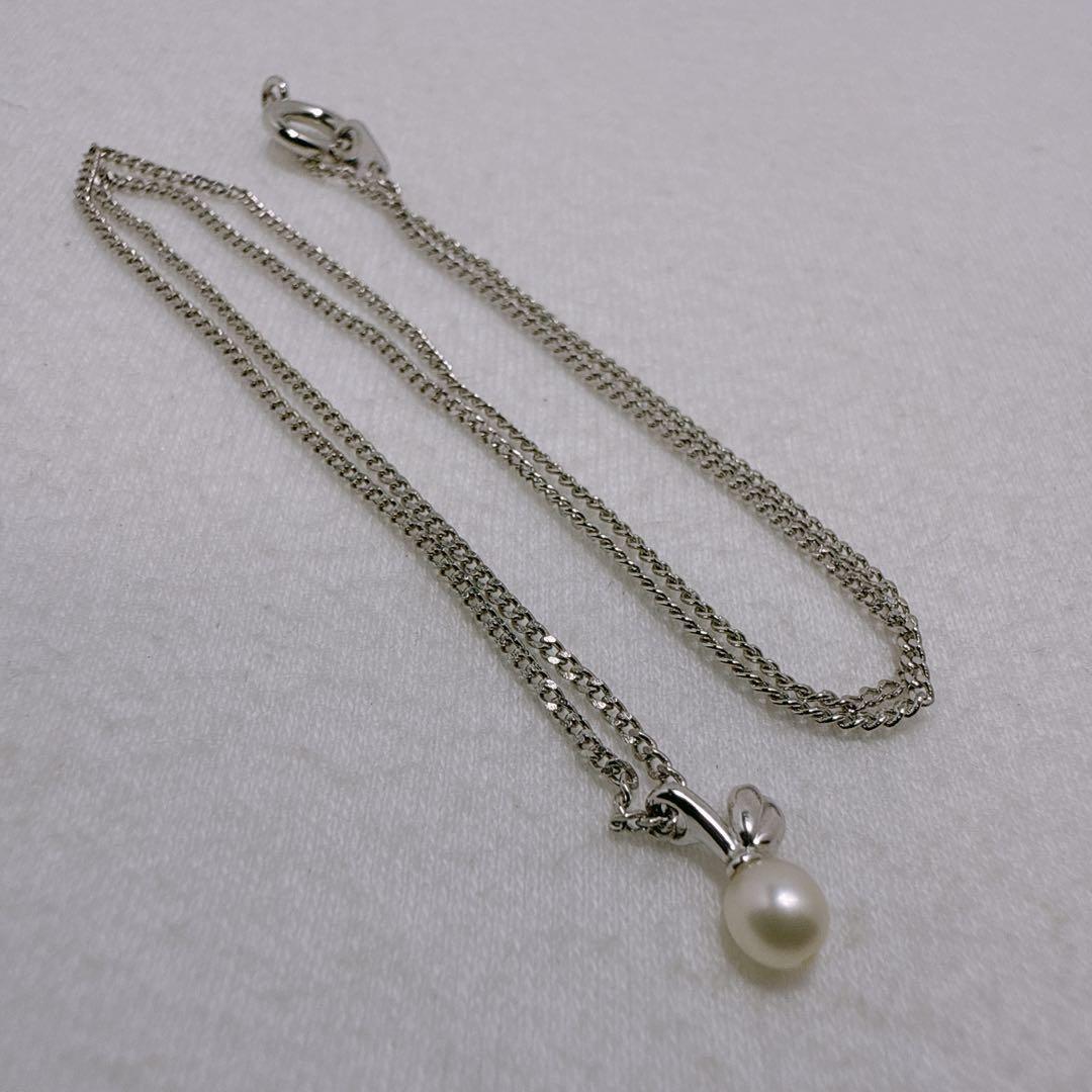 Tasaki Silver pendant necklace with single pearl and cherry fruit design on 41cm metal chain
