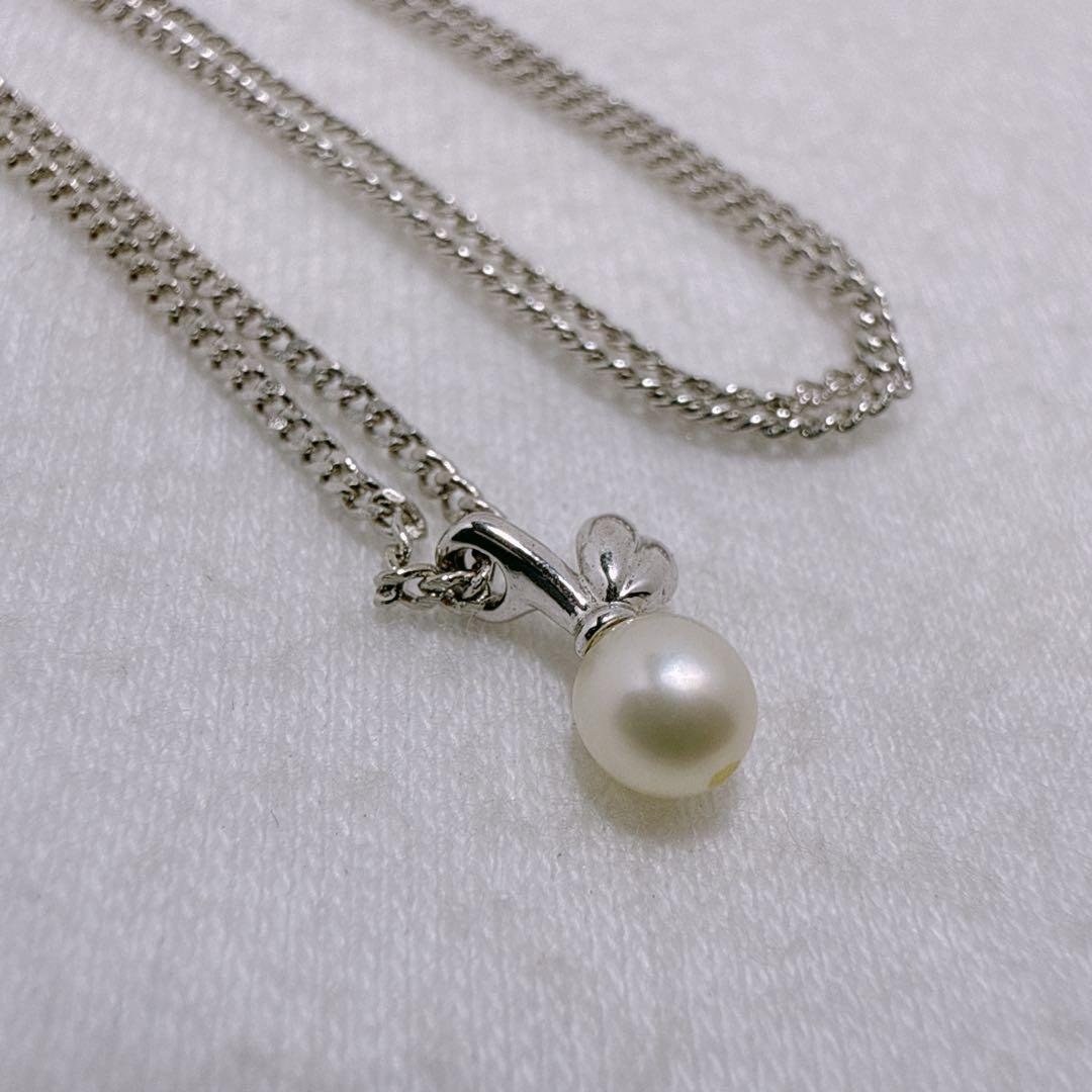 Tasaki Silver pendant necklace with single pearl and cherry fruit design on 41cm metal chain