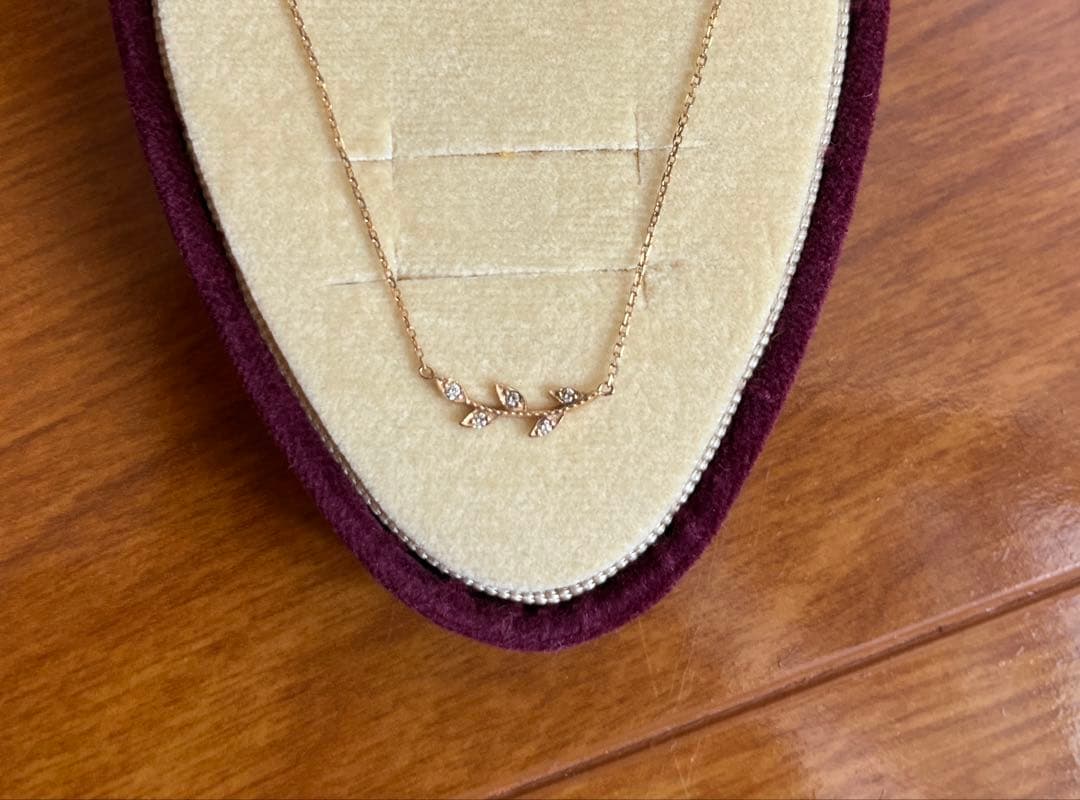 Agete Laurel Leaf Necklace in gold metal displayed with its case on a white background