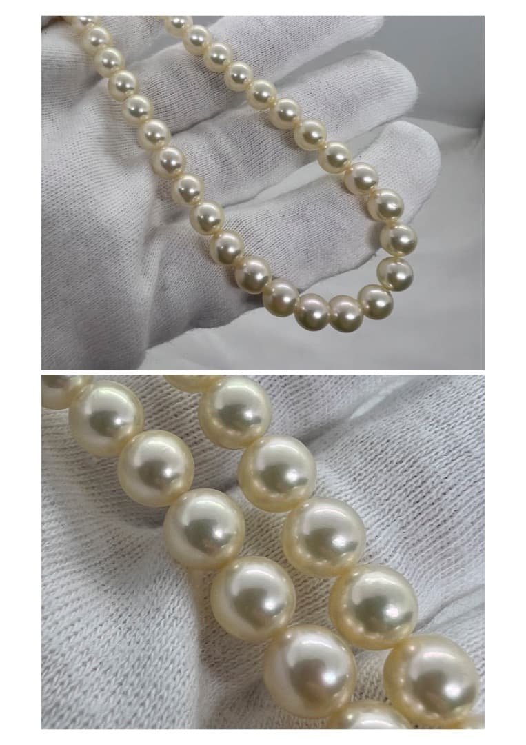 Tasaki pearl necklace featuring genuine 6.2mm pearls with impressed markings on a 42.5cm strand