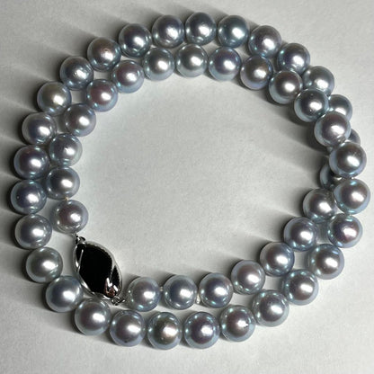 Blue Akoya pearl necklace measuring 8-8.5mm pearls on a 44cm strand with certificate