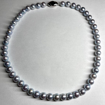 Blue Akoya pearl necklace measuring 8-8.5mm pearls on a 44cm strand with certificate