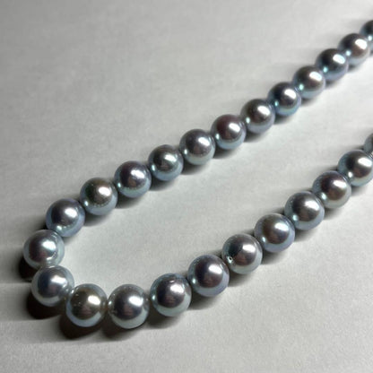 Blue Akoya pearl necklace measuring 8-8.5mm pearls on a 44cm strand with certificate