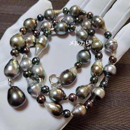 Black Tahitian Keshi pearl necklace with Akoya pearls, 61cm length, featuring large and small pearls