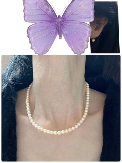 Akoya pearl necklace and matching earrings with 5mm round white pearls and 40.5mm silver necklace