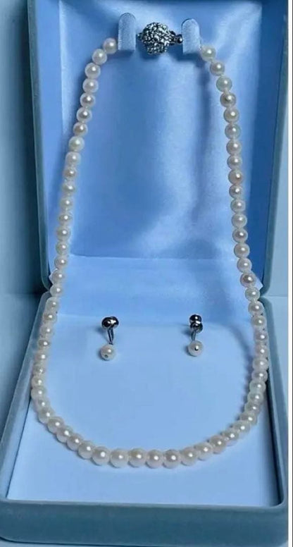 Akoya pearl necklace and matching earrings with 5mm round white pearls and 40.5mm silver necklace