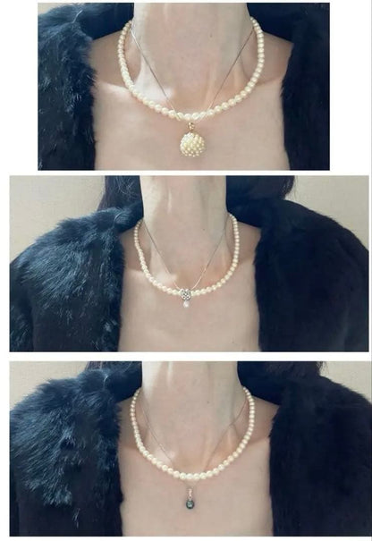 Akoya pearl necklace and matching earrings with 5mm round white pearls and 40.5mm silver necklace