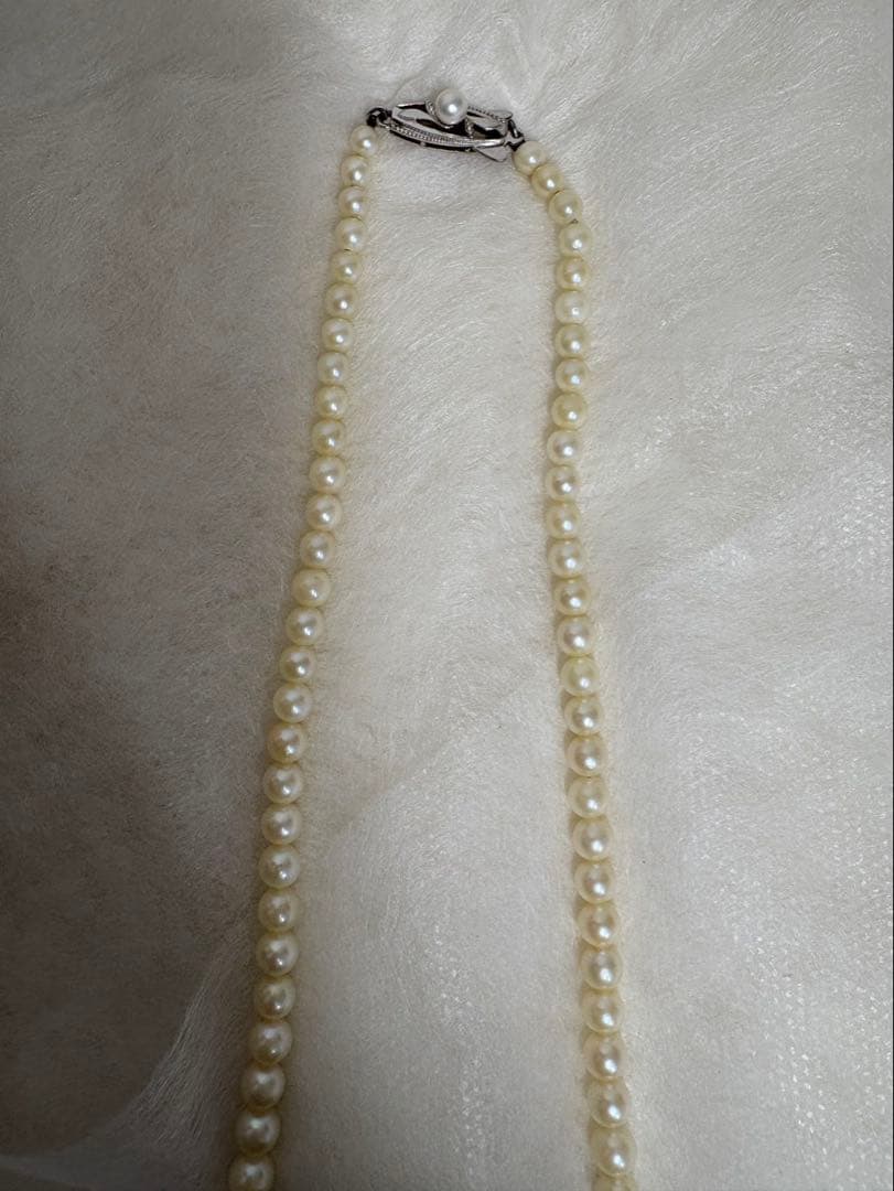 Mikimoto pearl necklace with white gold 14WG chain displayed alongside dedicated storage case
