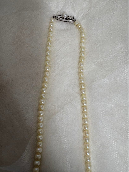 Mikimoto pearl necklace with white gold 14WG chain displayed alongside dedicated storage case
