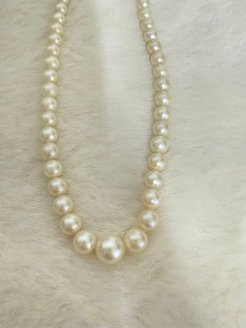 Mikimoto pearl necklace with white gold 14WG chain displayed alongside dedicated storage case