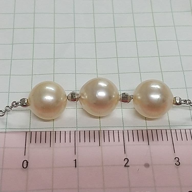 Akoya genuine pearl necklace with 3 champagne light gold pearls on a sterling silver 3 strand chain