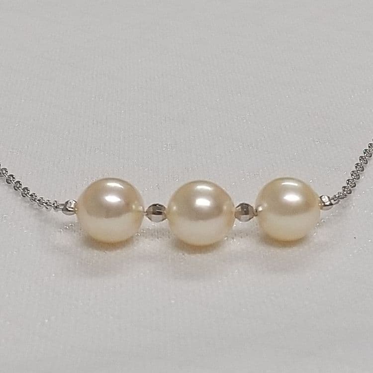 Akoya genuine pearl necklace with 3 champagne light gold pearls on a sterling silver 3 strand chain