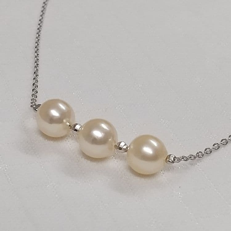 Akoya genuine pearl necklace with 3 champagne light gold pearls on a sterling silver 3 strand chain