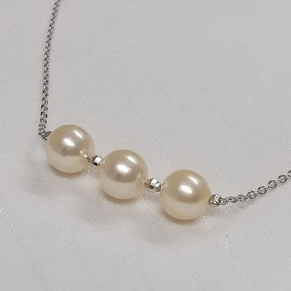 Akoya genuine pearl necklace with 3 champagne light gold pearls on a sterling silver 3 strand chain