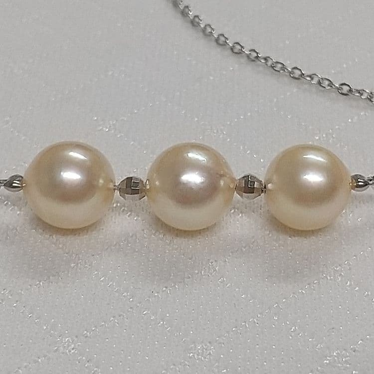 Akoya genuine pearl necklace with 3 champagne light gold pearls on a sterling silver 3 strand chain