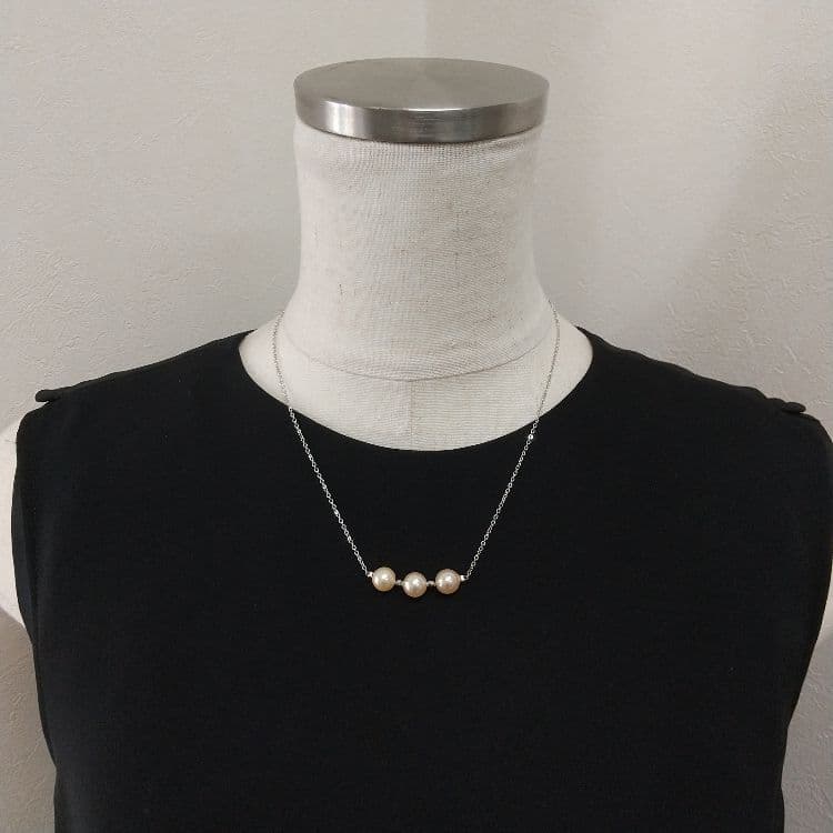 Akoya genuine pearl necklace with 3 champagne light gold pearls on a sterling silver 3 strand chain