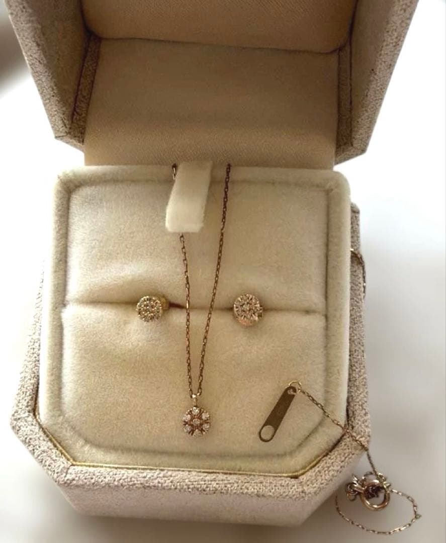 Agat diamond necklace and matching earrings set made of K10 material in used condition with simple packaging