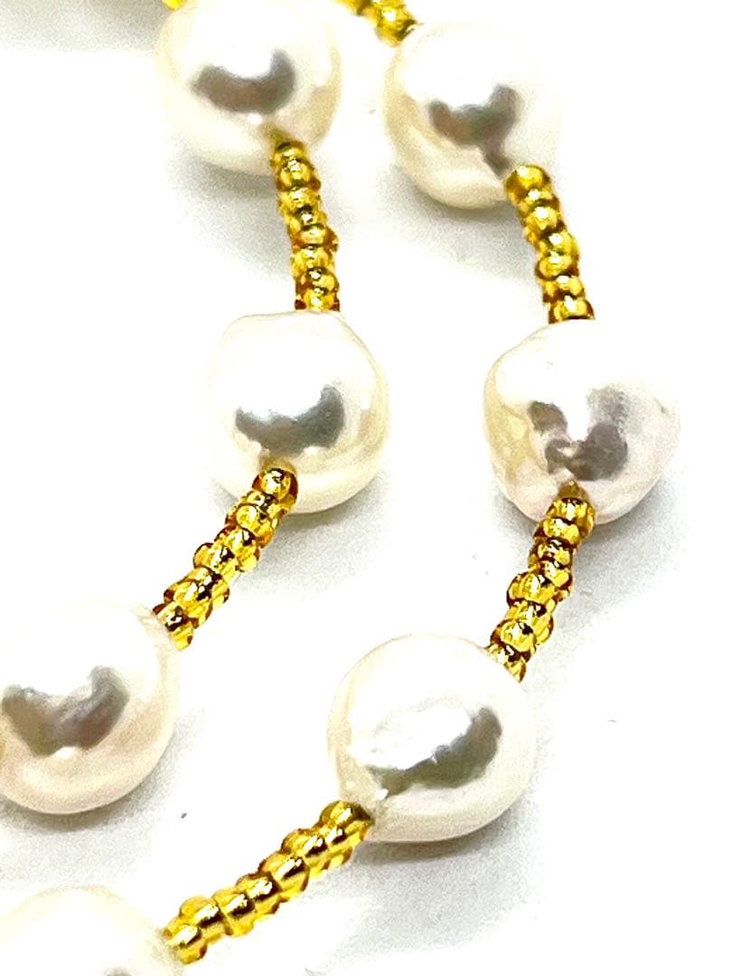 Akoya pearl white pearl station necklace featuring 6-6.5mm pearls and K18 gold leaf parts on a 41-46cm chain