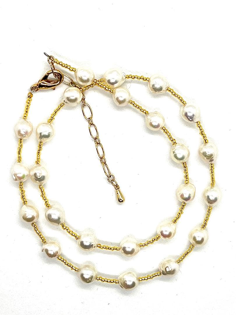 Akoya pearl white pearl station necklace featuring 6-6.5mm pearls and K18 gold leaf parts on a 41-46cm chain