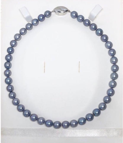 Akoya pearl necklace featuring 8mm semi-round gray pearls with blue and purple hues and silver one-push clasp