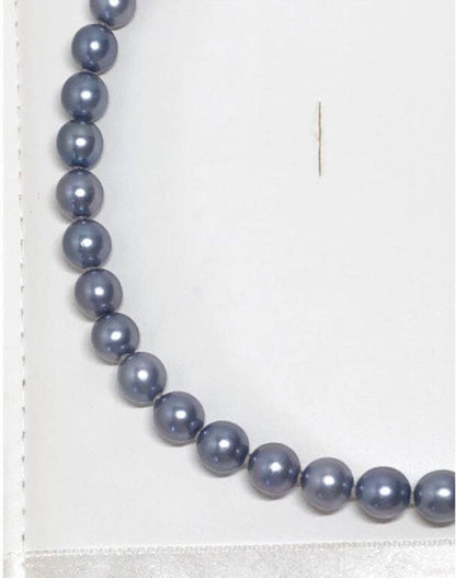 Akoya pearl necklace featuring 8mm semi-round gray pearls with blue and purple hues and silver one-push clasp