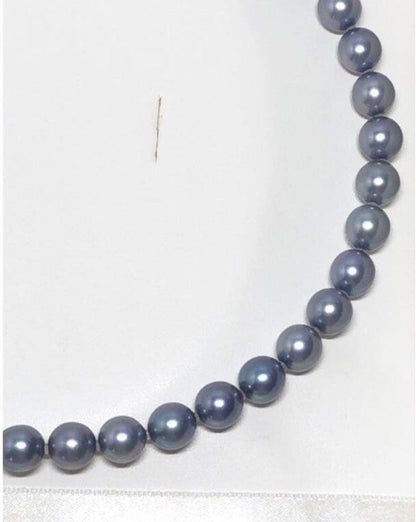 Akoya pearl necklace featuring 8mm semi-round gray pearls with blue and purple hues and silver one-push clasp