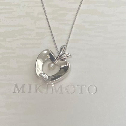 Mikimoto silver apple-shaped pendant with 4mm Akoya baby pearl on a 40cm chain