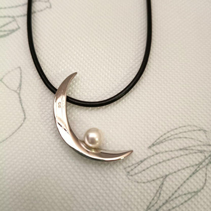 MIKIMOTO crescent moon pearl pendant necklace in sterling silver with removable choker and spring ring clasp