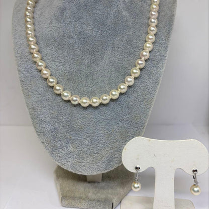 Akoya pearl necklace and matching earrings set with 7.0-7.5mm round white pearls and silver clasps
