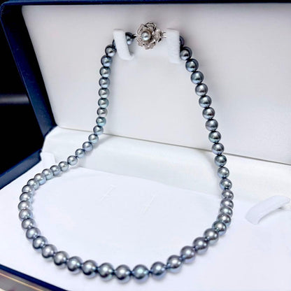 Akoya gray pearl necklace with 7.0-7.5mm pearls and silver clasp approximately 43cm long
